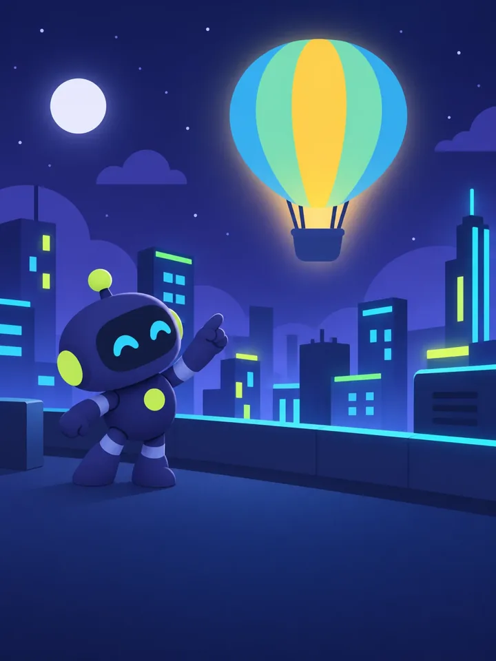 Robotas Bitas ant nakties miesto stogo su žydrais ir laimo neonais.