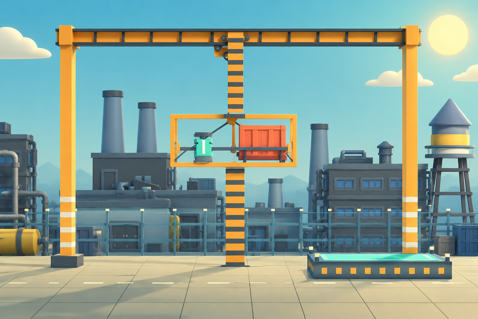 Amber crane carrying a coral crate and mint counterweight above a sunny industrial yard.