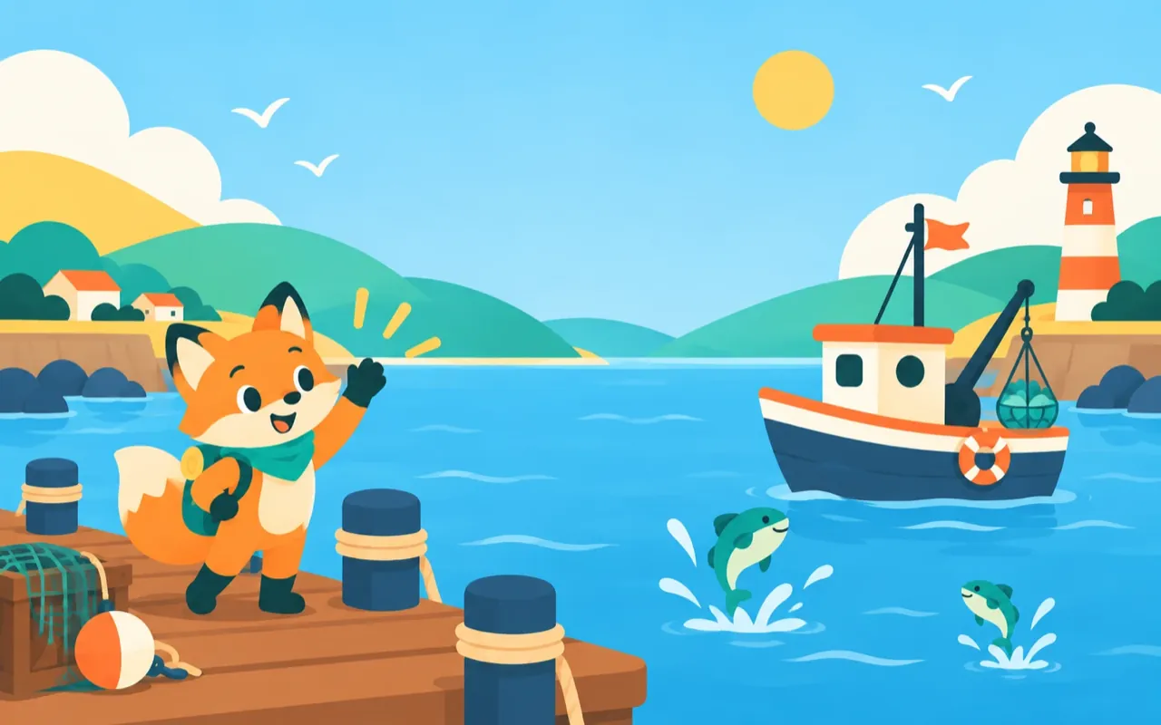 Illustrated cover: a small fishing boat, a lighthouse and jumping fish, with Ruta the fox waving from the pier.